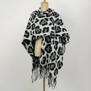 Fashionable leopard print thick shawl with tassels for women in black and gray tones