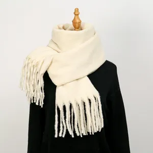 Chic cream white milk velvet knit scarf with fringe tassels for winter warmth