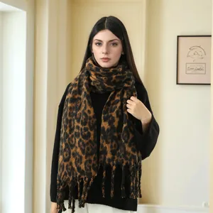 Thick leopard print cashmere-like scarf with long fringe tassels for women's winter fashion