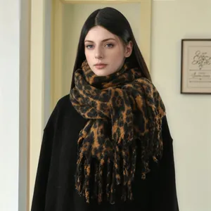 Chic leopard print thick cashmere scarf for women with classic fringe tassel edges
