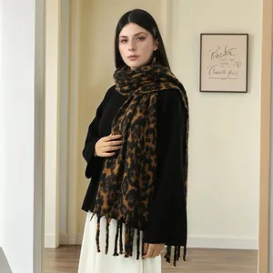 Women's Fashion Leopard Print Scarf Soft Fake Cashmere Winter Warm Tassel Scarf Thick Shawl Wrap For Daily Commuting