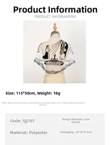 Size guide for white lace triangle scarf featuring Lourdes embroidery details and dimensions