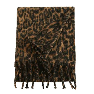 Thick cashmere-like leopard print scarf with soft tassels for winter warmth