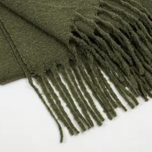 Olive green milk velvet scarf with soft fringe edges and premium knitted texture