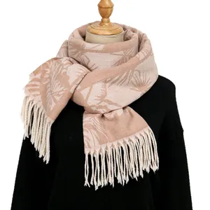 Faux cashmere shawl with palm leaf pattern and fringes for winter warmth