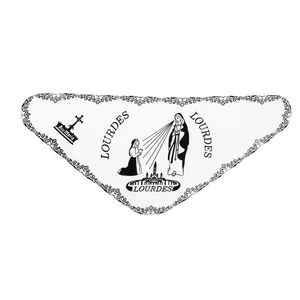Lourdes Virgin Mary lace triangular headscarf with black religious print and wavy edges