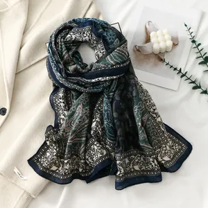 Bohemian Paisleymuster Baumwolle Leinen Schal in Dunkelblau und Grün für den Herbst