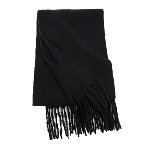 Solid black milk fleece winter scarf with fringe details on a clean white background