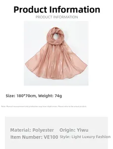 Size chart showing 180x70cm dimensions for this metallic silk long shawl scarf