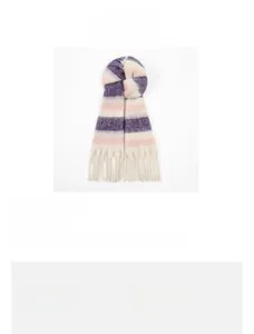 Detail of soft purple and pink striped fringe scarf with plush cashmere-like texture