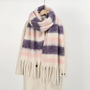Women Winter Thick Rainbow Striped Scarf Faux Cashmere Long Tassel Scarf Soft Warm Pashmina Shawl Wrap For Cold Weather