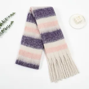 Chic rainbow plaid thick scarf for women with purple stripes and soft tassels