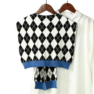 Classic houndstooth knit vest in black, white, and blue, layered over a white shirt