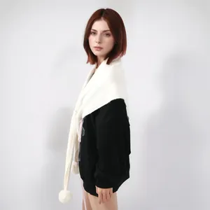 Solid knit triangle shawl for women with pom-pom details and high-quality warm fabric