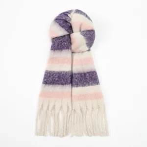 Rainbow plaid winter scarf in purple pink and beige with decorative soft fringes