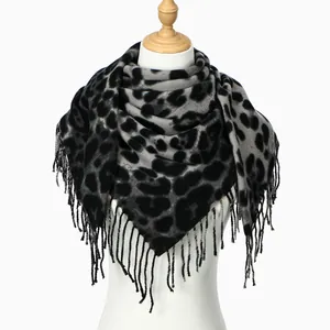 Fashionable leopard print cashmere feel square scarf with elegant grey fringe trim
