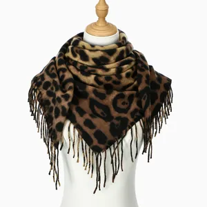 Classic leopard print square scarf with tassel fringe shown on a white mannequin
