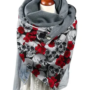 Fleece-lined triangle scarf with skull and red rose prints, featuring metal buckle