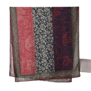 Damen Schal aus Baumwolle und Leinen mit Paisley-Muster in Rot und Marineblau