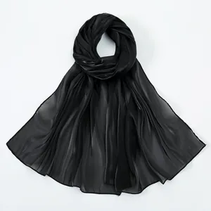 Detail of black semi-transparent scarf showing silky texture and elegant glossy finish