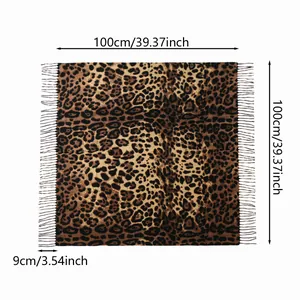 Detailed view of leopard print square scarf with 100cm size and 9cm fringe details