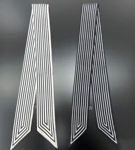 Minimalist striped long hair scarf set in black and white 100% polyester twill