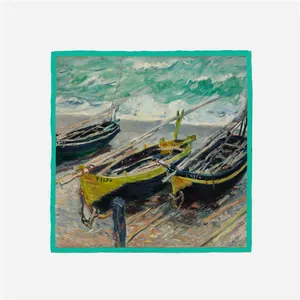 Detail of square silk scarf with Van Gogh fishing boats art print and green border