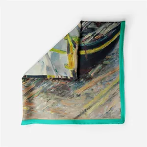 Detailed post-impressionist oil painting print on silk square scarf with harbor scene