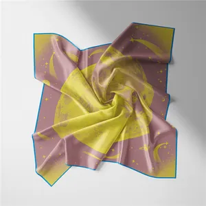 Detail of silk-like square scarf with yellow celestial moon and star patterns