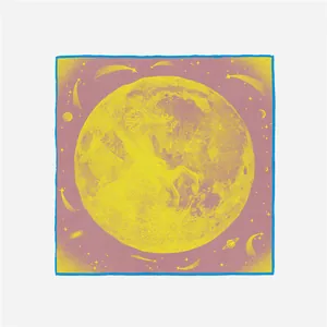 Detail view of square silk scarf featuring a unicorn moon and star patterns