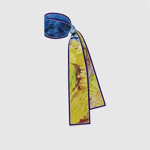 Seidenschal im Van-Gogh-Stil mit Weizenfeld-Ölgemälde-Print und lila Kanten für Damen