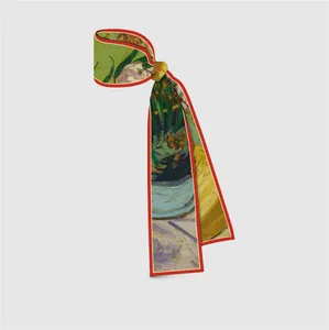 Van Gogh Oleander Ölgemälde Stil langer Seidenschal mit rotem Kontrastrand für Damen