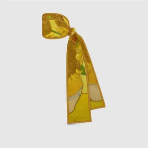 Van Gogh Oil Painting Series Long Satin Scarf For Women Artistic Sunflower Starry Night Pattern Hairband Twilly Ribbon Accessory