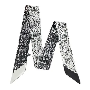 Élégant foulard étroit en soie noir et blanc avec étoiles et motifs classiques