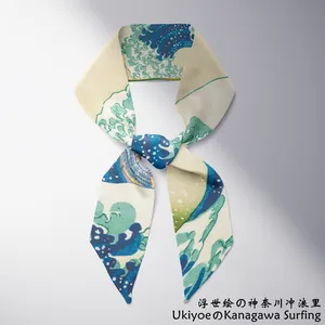 Detailed macro view of Great Wave off Kanagawa ukiyoe art print on slim silk twilly scarf