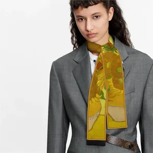 Van Gogh sunflower oil painting skinny silk scarf tied as a vibrant headband on a model