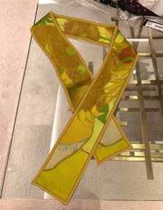 Van Gogh sunflower oil painting skinny silk scarf headband for women accessories