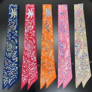 Narrow silk twilly scarves set with artistic hand-painted abstract patterns