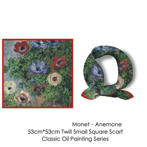Carré de soie Monet Anémone 53cm foulard artistique avec bordure rouge contrastée