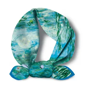 Artistic silk square scarf featuring Monet style water lily oil painting print