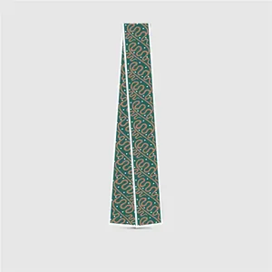 Dunhuang style long silk scarf with dark green wave pattern and white polka dots