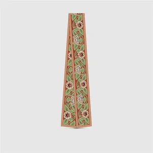 French vintage floral silk skinny scarf with red background and botanical leaf pattern