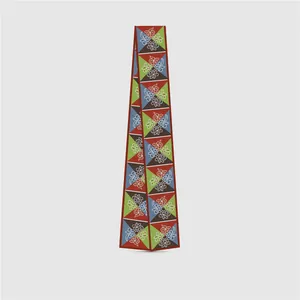 Long silk scarf with Dunhuang geometric color blocks and floral line art design