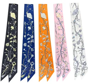 Elegant thin satin scarf with vintage key and chain print in five assorted colors
