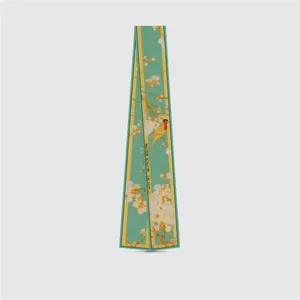 Twilly in seta con stampa floreale e uccelli cinesi su sfondo verde chiaro