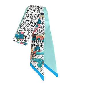 Narrow long silk scarf with double-sided watercolor print and letter patterns on white base