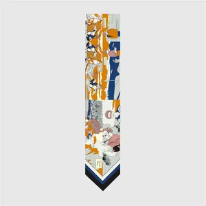 Detailed view of comic art silk twilly scarf with blue and orange stripes and typography
