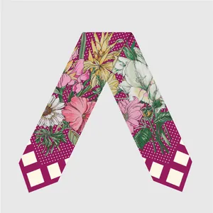 Floral magenta silk twilly scarf with white polka dots and checkered pointed ends