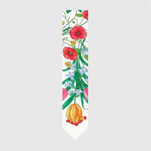 Detail of floral silk twilly with realistic poppy and tulip print on white background