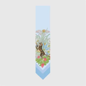 Detail of blue silk twilly scarf with tiger jungle illustration and Lovey Tiger text